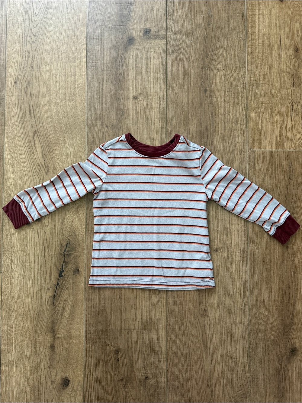 Size 2T Old Navy White Tee with Burgundy Stripes and Trim - Long Sleeve